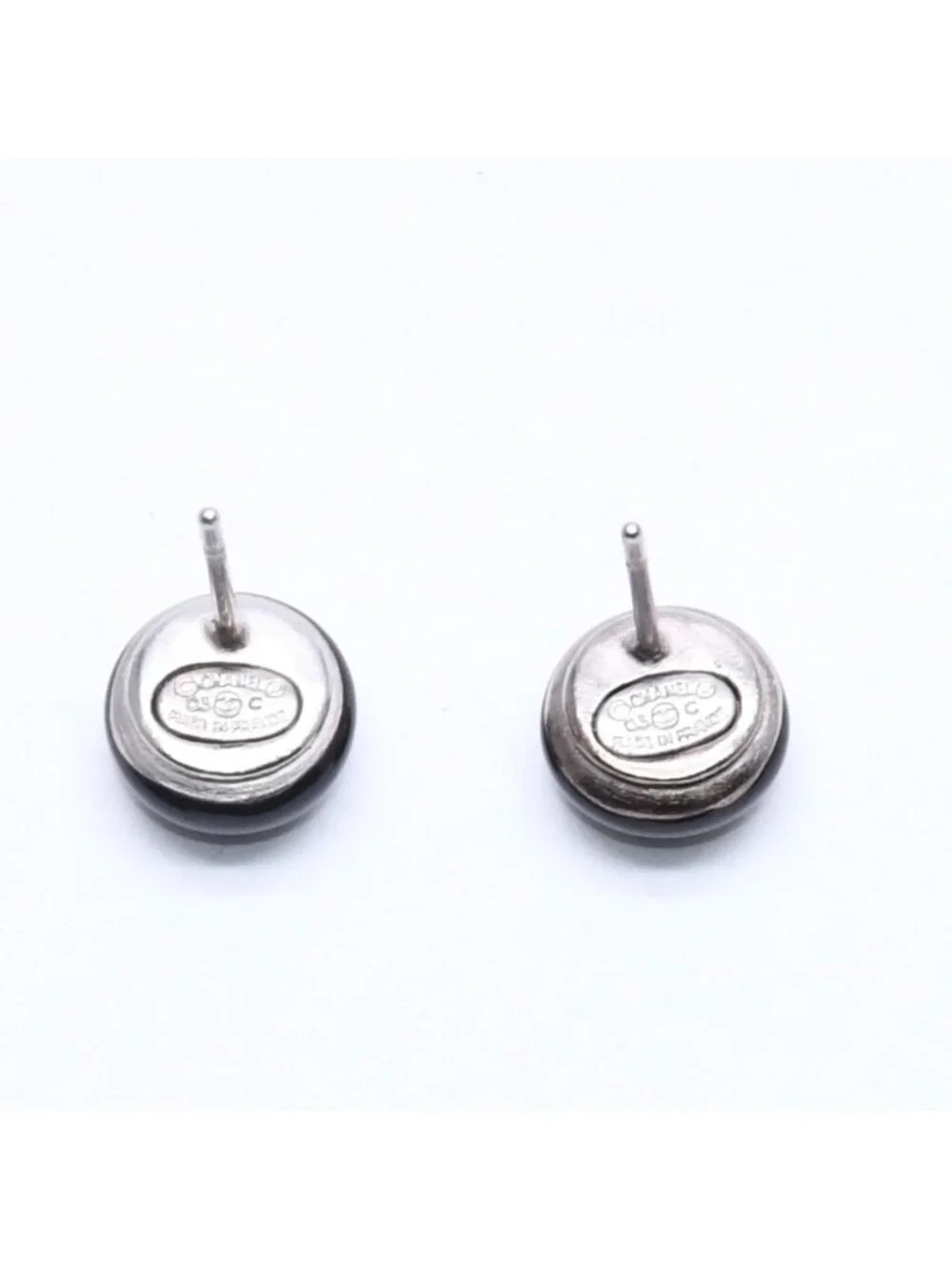Chanel Button Earrings CC Logo Black Silver 03